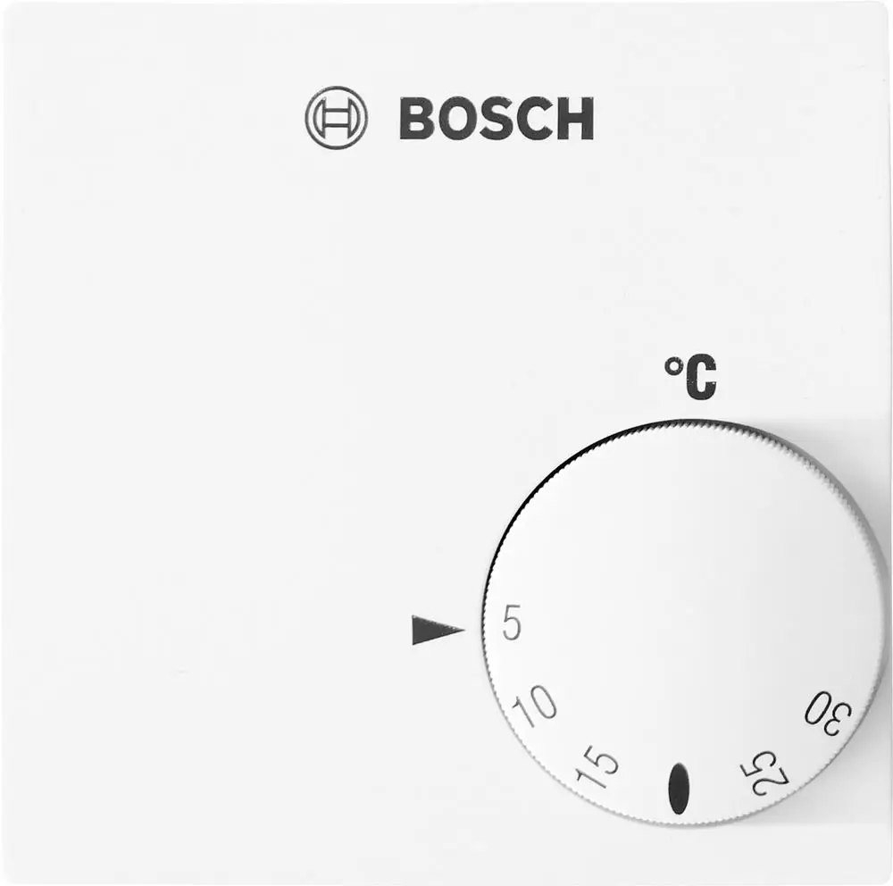 Raumthermostat zur Aufputzinstallation in Weiß von Bosch mit Temperaturanzeige. Drehknopf zur Einstellung der gewünschten Raumtemperatur in °C.